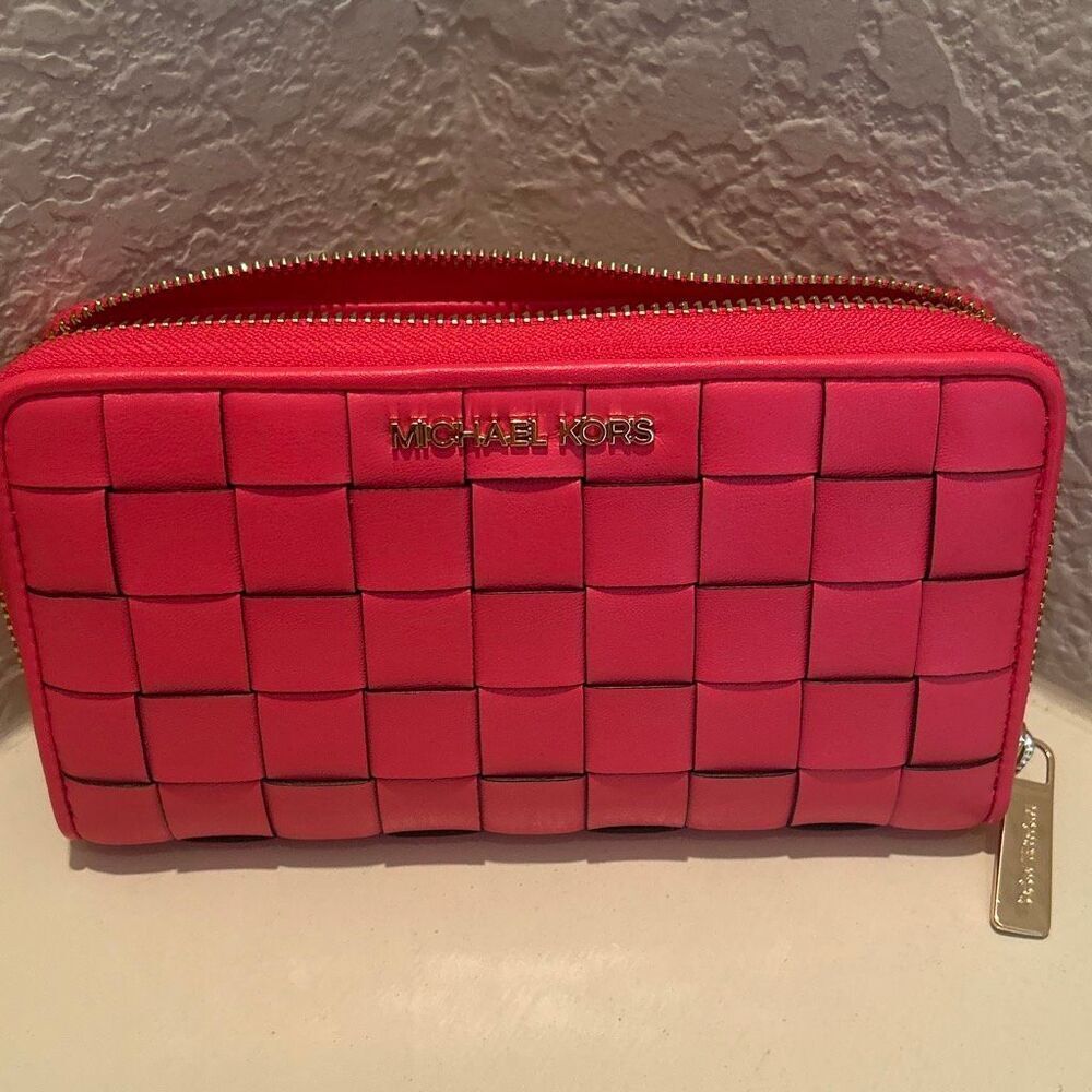 Michael Kors Jet Set Lattice Leather Zip Around Long Wallet Geranium Pink Woven - Picture 5 of 10